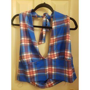 Plus Size Plaid Cropped Halter Top -Cobalt
